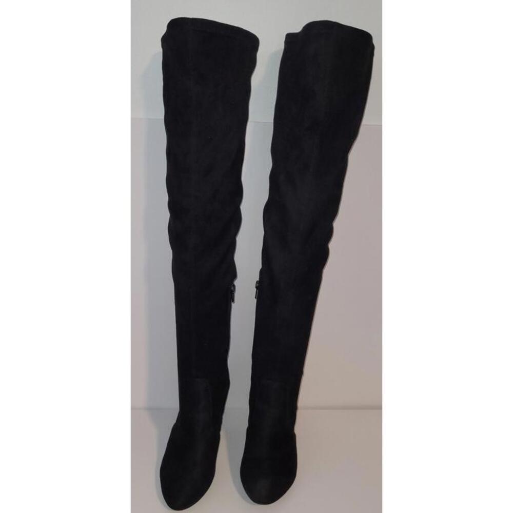 Streetwear Society Sz7 Black Over the Knee Faux Suede Block Heel Boots Stretchy